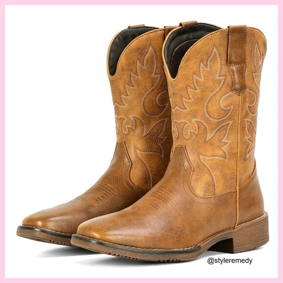Men's Square Toe Cowboy Boots Chunky Heel Embroidered Pull On Slip Resistant